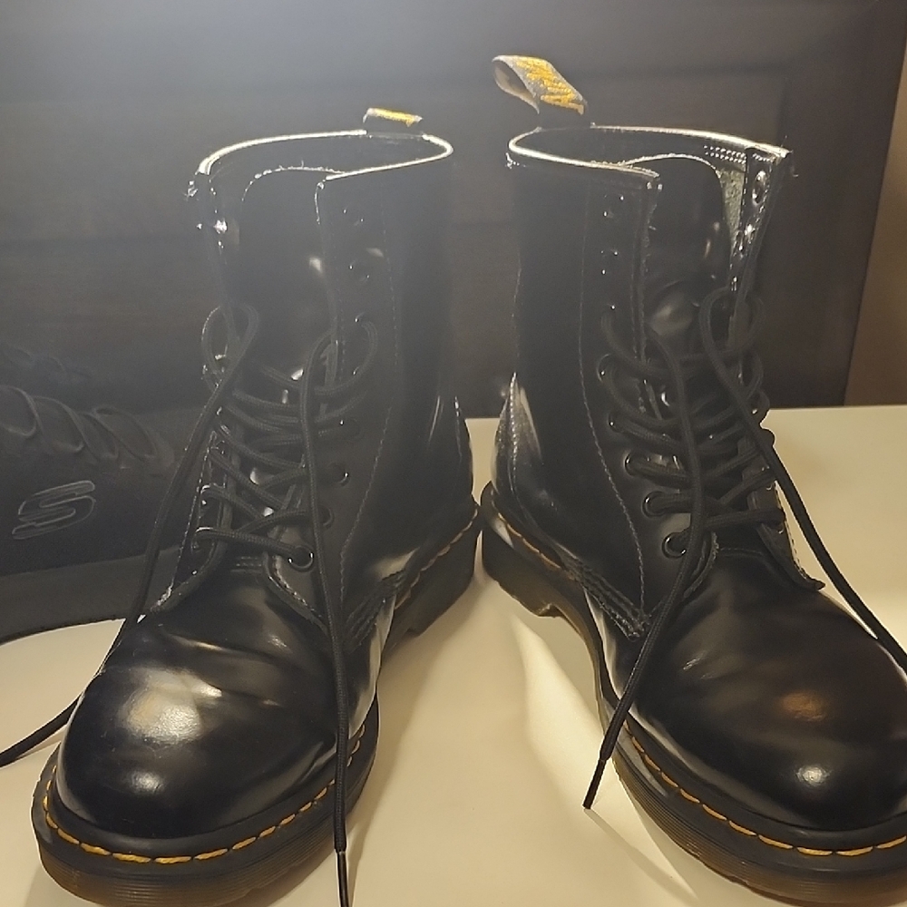 Dr. Martens Black Leather Boots with Yellow Stitching